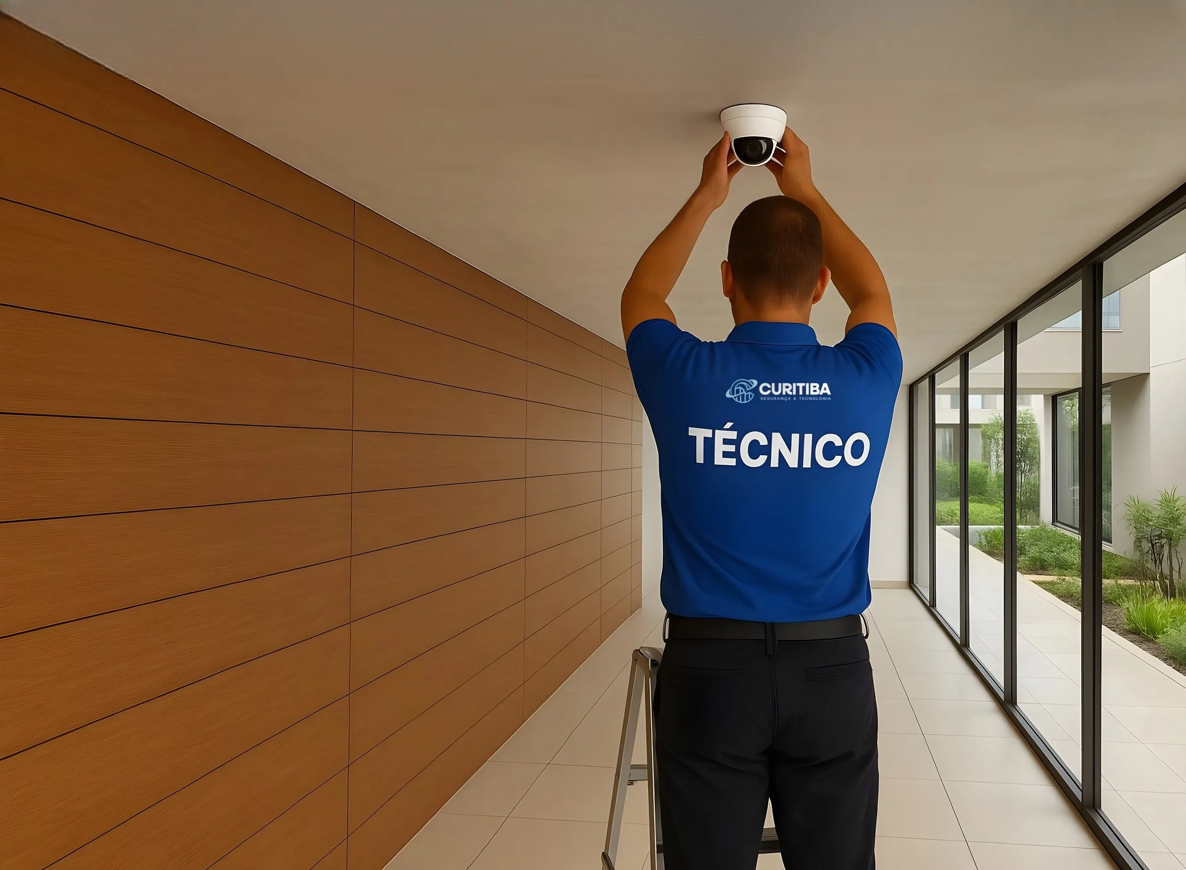 Técnico numa escada instalando uma câmera dome no teto do hall de entrada de um condomínio