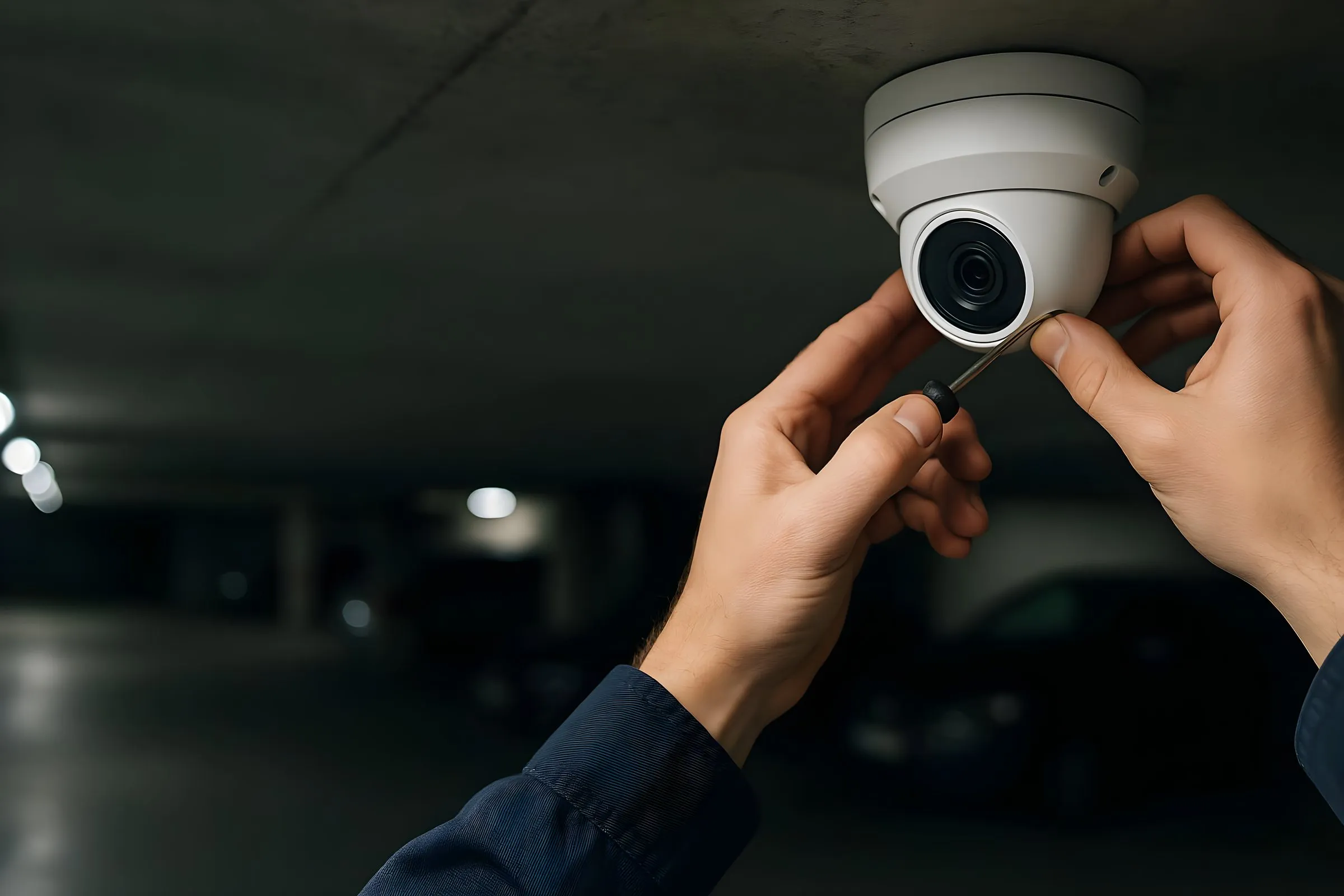 Mãos de um técnico ajustando com uma chave de fenda uma câmera dome no teto da garagem de um condomínio