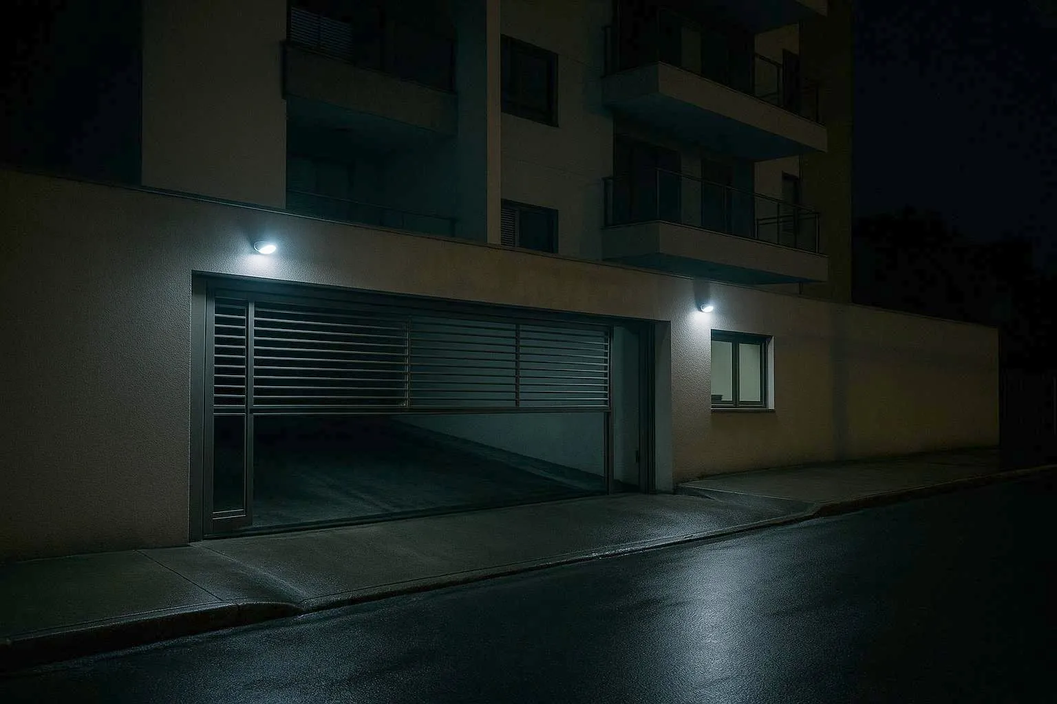 Portão da garagem de um prédio residencial parado meio aberto, de madrugada