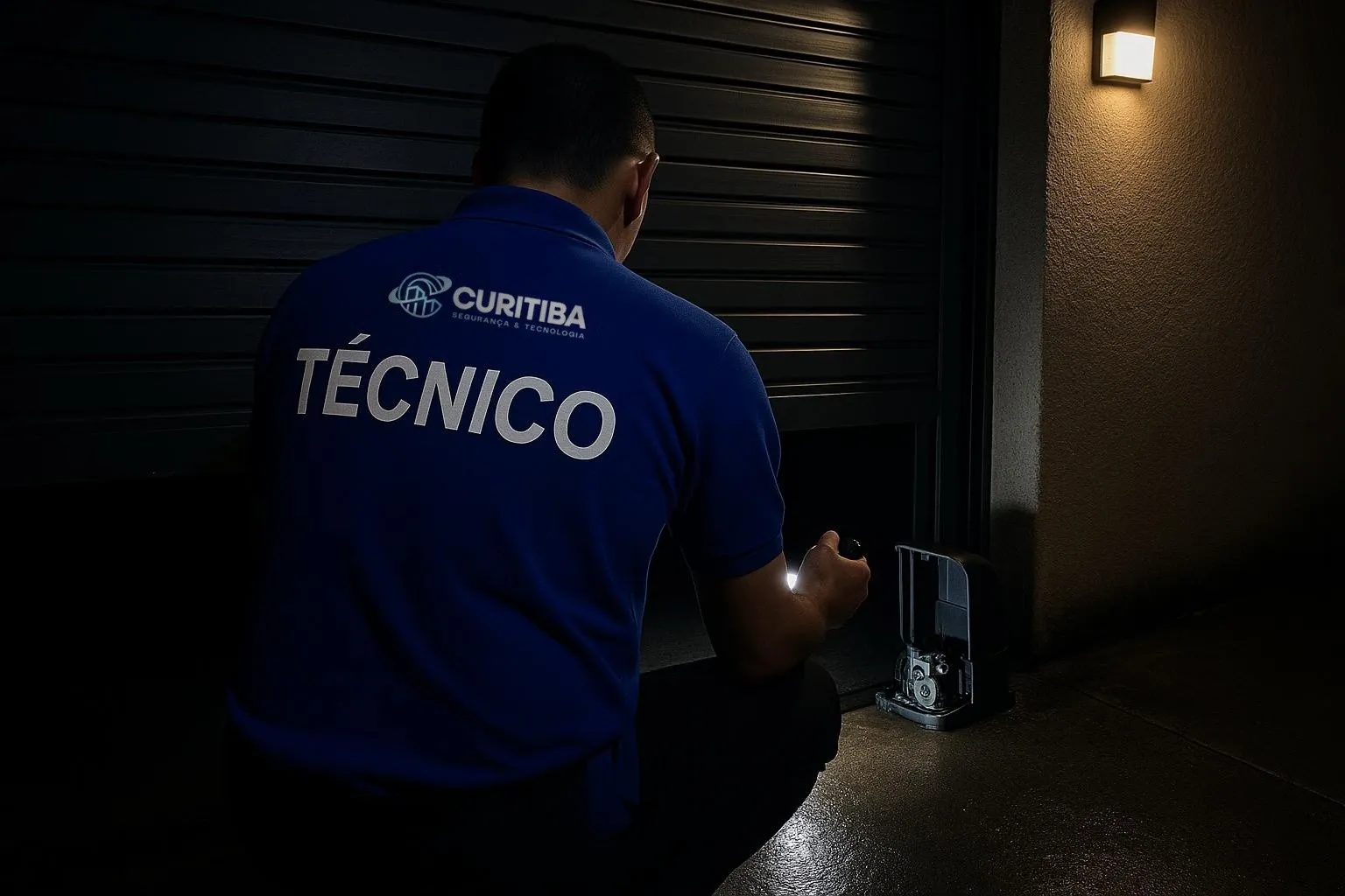 Técnico da Curitiba de costas, com a camisa azul do uniforme escrita Técnico, iluminando com uma lanterna o motor do portão da garagem de madrugada