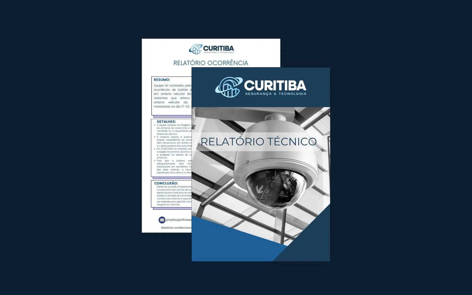 Capa de um relatório técnico da Curitiba Segurança e Tecnologia e uma página de relatório de ocorrência